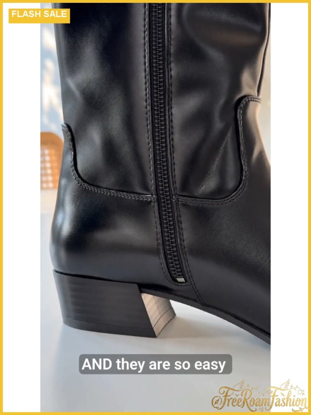 Women's Snipped Toe Knee-High Fall Boots Faux Leather Low Block Heel Zip - Picture 6 of 6